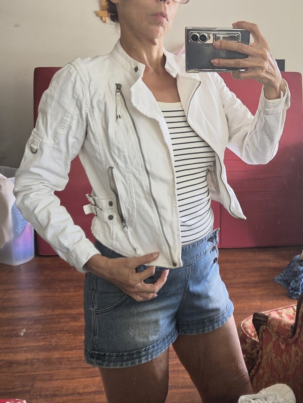 guess los angeles vintage 90s white denim moto jacket side buckles Size S